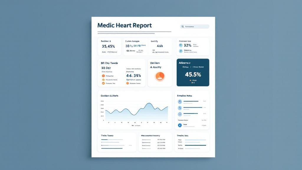Illustrated one-page heart report template with baseline and current averages, trend charts, outliers, adherence indicators, and timeline notes.