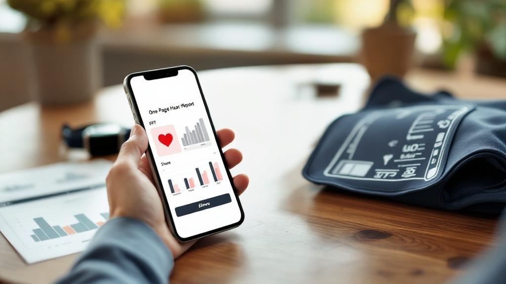 Smartphone displaying a one-page heart report with a share button beside a blood pressure cuff and smartwatch on a home table.