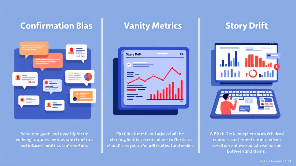 Three-panel illustration showing confirmation bias with cherry-picked quotes, vanity metrics on a dashboard, and story drift with changing pitch slides.