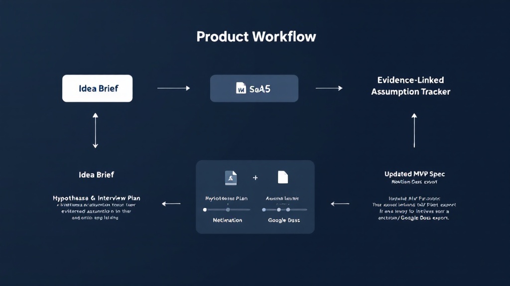 Workflow diagram showing steps from idea brief to hypotheses and interviews, to evidence-linked tracking, to an updated MVP spec exported to docs.