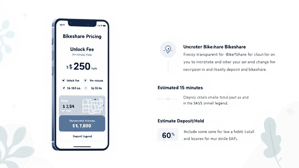 Smartphone display illustrating a bikeshare fare estimate with an itemized breakdown and a small zone map legend.