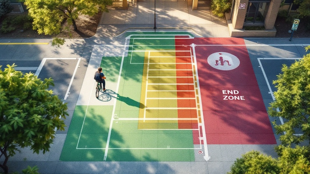 Rider beside a bikeshare bike with a map overlay showing green allowed parking zones and red restricted areas near a campus boundary.